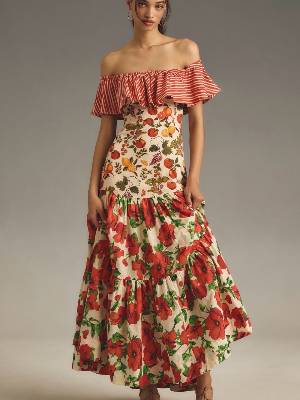 Anthropologie Cream Maxi Dress with Red Floral Print and Striped Ruffle